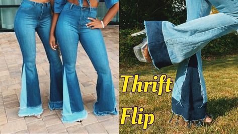 Diy your own two toned bell bottom jeans woth an added waistband! Check out the video and go see how to do it! Jeans To Bell Bottoms Diy, Diy Bellbottom Jean, Making Bell Bottoms Out Of Jeans, Make Bell Bottoms Out Of Jeans, Diy Flare Jeans Bell Bottoms, How To Turn Jeans Into Bell Bottoms, How To Make Bell Bottom Jeans Diy, Making Bell Bottom Jeans, How To Make Bell Bottom Jeans