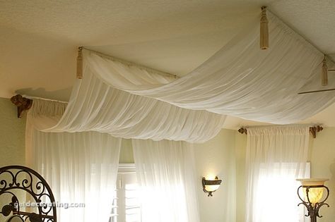 Spas, Massage, Steam Rooms, Spas Photos - getdecorating.com Curtains On Ceiling, Diy Beauty Room Decor, Drape Curtains, Spa Room Ideas, Massage Room Decor, Beautiful Bed Designs, Massage Therapy Rooms, Reiki Room, Esthetics Room