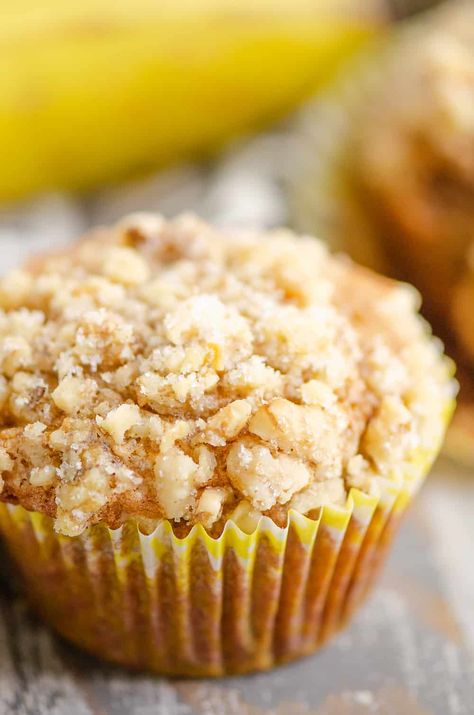 Banana Nut Streusel Muffins are a delicious dessert or breakfast with a moist cake crumb made from a sour cream banana bread recipe. They are topped with cinnamon, sugar and walnuts for a sweet finish. #BananaNutMuffins #BananaBread #BreakfastSweet Poblano Pepper Recipes, Balsamic Tofu, Almond Energy Bites, Cranberry Almond Energy Bites, Banana Streusel Muffins, Budget Breakfast, Banana Bread Muffin Recipe, Spinach Mushroom Pasta, Pretzel Dessert