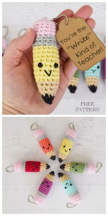 Crochet Diy Keychain, Pencil Amigurumi Free Pattern, Crochet Teacher Keychain, Crochet Gift For Teacher Free Pattern, Crochet Teacher Ornaments, Crocheted Teacher Gifts, Crochet Projects For Teachers, Teacher Crochet Gifts Patterns, Teacher Gift Crochet