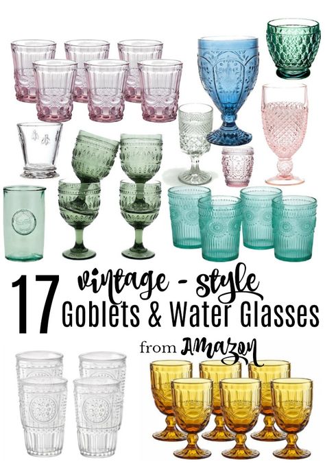 Vintage Goblets Table Settings, Unique Glassware Vintage, Water Goblets Table Settings, Vintage Glassware Table Setting, Goblets Table Setting, Colored Goblets Wedding, Thrifting Glassware, Vintage Glassware Display, Boho Glassware