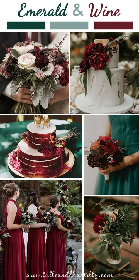 5 Striking Emerald Combinations Wedding Color Palettes | Tulle & Chantilly Wedding Blog Emerald Wedding Theme, Red And Green Wedding, Green And Burgundy Wedding, Emerald Wedding Colors, Dark Red Wedding, Wine Colored Wedding, Wine Theme Wedding, Wedding Palettes, Wine Red Wedding