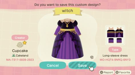 Acnh Witch Clothes, Acnh Clothes Design Id Witch, Acnh Sanderson Sisters, Acnh Witch Dress Design Codes, Witch Hat Animal Crossing, Spooky Fits, Witch Dress Animal Crossing, Acnh Spooky, Acnh Halloween