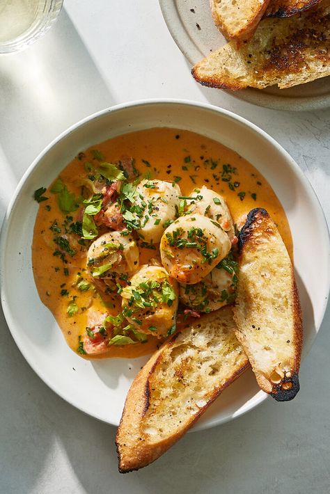 Creamy Pan-Roasted Scallops With Fresh Tomatoes Recipe - NYT Cooking Seafood Sandwiches, Melissa Clark, Fresh Tomato Recipes, Tomatoes Recipe, Scallop Recipes, Nyt Cooking, Most Popular Recipes, Tomato Recipes, Classic Dishes