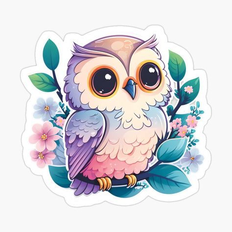 Sticker Art Aesthetic, Colorful Owl Drawing, Cute Owl Art, Stickers For Print, Cute Owl Drawing, Purple Stickers, Cute Cat Stickers, Cute Owl Tattoo, Cute Animal Stickers