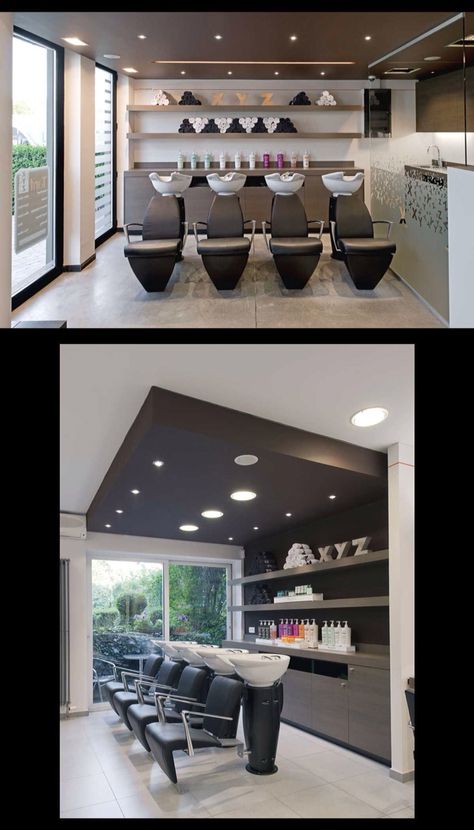 . Hair Product Display Salon Design, Hair Salon Cabinets, Saloon Names, Shampoo Station, Salon Designs, Salon Interior Design Ideas, Salon Design Ideas, Nail Salon Interior Design, Hairdresser Salon