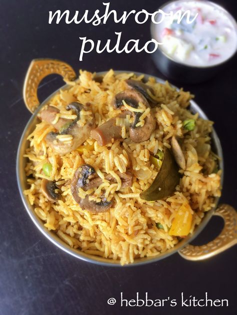 mushroom pulao recipe | mushroom kadai pulao - http://hebbarskitchen.com/mushroom-pulav-recipe-mushroom-kadai-pulav/ Mushroom Pulao, Veg Pulav Recipe, Pulav Recipe, Mushroom Rice Recipes, Mushroom Biryani, Veg Pulao Recipe, Vegetable Pulao Recipe, Hebbars Kitchen, Recipe Mushroom