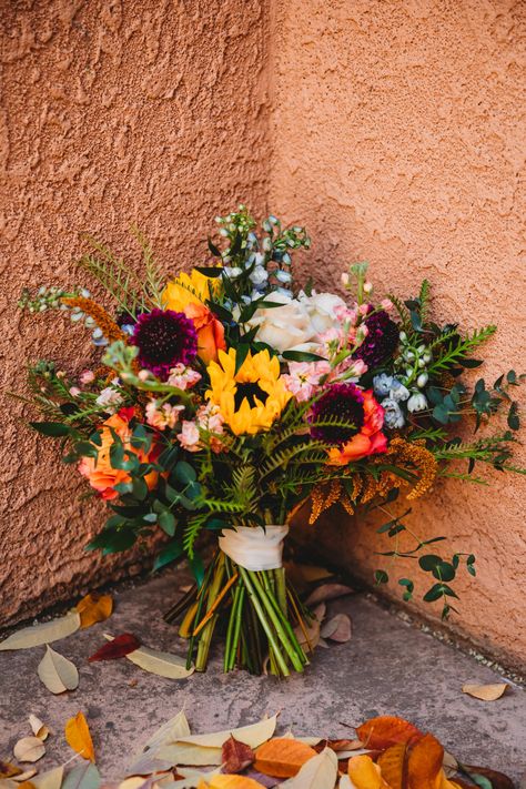 Southwest Wedding Flowers, Wedding Bouquet With Sunflowers, Mountain Wedding Flowers, Bouquet With Sunflowers, Early Fall Weddings, Southwestern Wedding, Colorful Wedding Bouquet, Elopement Colorado, Sunflower Wedding Bouquet