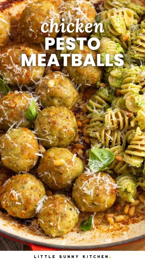 Ground Chicken Pesto, Ground Chicken Meatloaf, Pesto Meatballs, Ground Chicken Meatballs, Fresh Basil Pesto, Ground Chicken Burgers, Chicken Meatloaf, Chicken Pesto Recipes, Easy Dinner Options