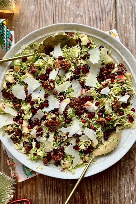 Shaved Brussels Sprout Salad with Pomegranate and Candied Pecans Shaved Brussel Sprout Salad, Cranberry Vinaigrette, Salad With Pomegranate, Shaved Brussel Sprouts, Brussels Sprout Salad, Holiday Salads, Sprout Salad, Pecan Salad, Sprouts Salad