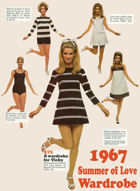 1967-Summer-of-Love late 60s mod short miniskirt dress stripes sportswear shorts pants white black brown mcm mod 60s Fashion Trends, 60’s Fashion, 1960 Fashion, Rok Mini, 60s 70s Fashion, 60s And 70s Fashion, Fashion 1960s, Sixties Fashion, Look Retro