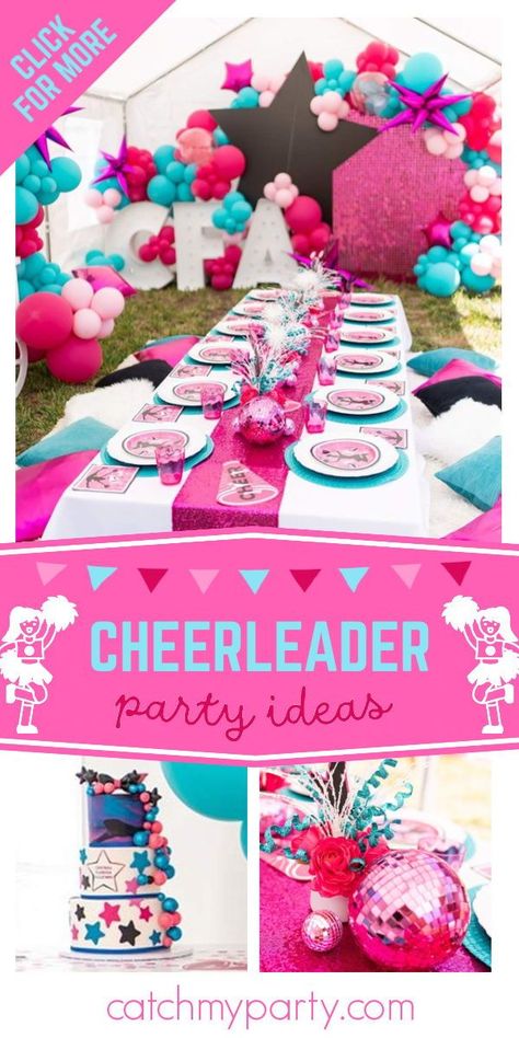 Don't miss this pretty cheerleading birthday party! The table settings are fab! See more party ideas and share yours at CatchMyParty.com Cheer Theme Birthday Party, Cheerleader Themed Birthday Party, Cheerleading Themed Birthday Party, Cheerleader Party Ideas, Girls 8th Birthday Party Themes, Cheer Party Ideas, Cheer Birthday Party Ideas, Cheerleading Birthday Party Ideas, 8th Birthday Party Girl