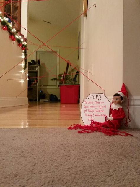 Elfie set up a laser obstacle course for the boys Elf Set Up Ideas, Elf On The Shelf Obstacle Course, Elf 2023, Elf Shenanigans, Awesome Elf On The Shelf Ideas, Elf Fun, Elf Ideas, Obstacle Course, Shelf Ideas