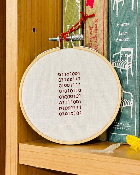 White cotton with metallic red thread spelling out ‘i love you’ in binary code. #binarycode #iloveyou #handembroideryart #homedecorideas #valentines #anniversary #geekgifts #nerdygifts #geek #nerd #computercode Math Embroidery, Nerd Valentine, Valentine Embroidery, Love Embroidery, Binary Code, Nerdy Gifts, Red Thread, Hand Embroidery Art, Gift Art