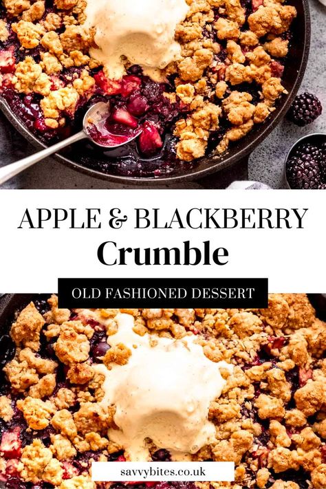 This apple and blackberry crumble is the perfect old-fashioned dessert. Sweet apples and juicy blackberries are baked under a buttery oat crumble topping until the fruit is jammy and bubbling. Perfect served warm with vanilla ice cream or custard. Oat Crumble Topping, Aldi Meal Plan, Blackberry Crumble, Berry Crumble, Oat Crumble, Easiest Apples, Homemade Apple, Crumble Topping, Classic Desserts