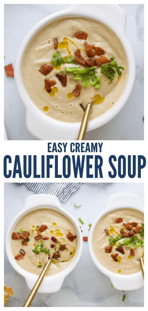 Coliflower Soup, Cauliflower Soup With Bacon, Fall Menus, Cauliflower Bacon Soup, Cauliflower Soup Healthy, Spicy Chili Oil, Easy Dinner Side Dishes, Easy Dinner Sides, Creamy Cauliflower Soup