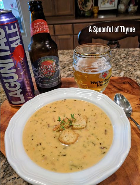 A Spoonful of Thyme: Ale and Cheddar Soup Steak And Ale Chowder, Cheddar Ale Soup Crockpot, Steak Ale And Cheddar Soup, Cheddar Ale Soup, Steak And Ale Soup, Steak And Guinness Pie, Drunken Beans, Beer Soup, Steak And Ale