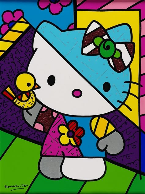 Romero Britto Art, Britto Art, Black Canvas Paintings, Hello Kit, Hello Kitty Art, Graffiti Painting, Hello Hello, Hello Kitty Plush, Art Pop