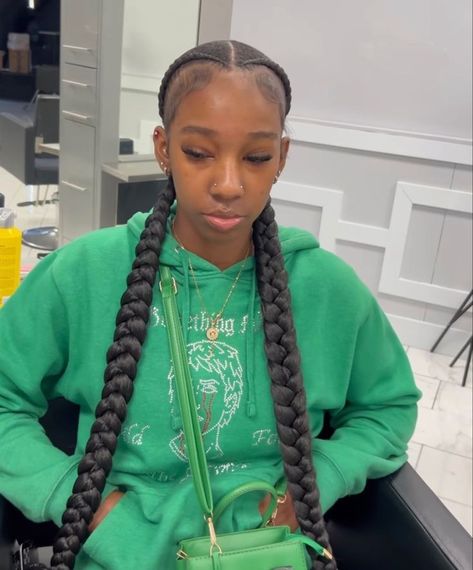 Two Braids To The Back With Weave, 2 Feedin Braids Cornrows, Two Big Braids Hairstyle, Two Cornrow Braids With Weave, Two Straight Back Braids, 2braids Hairstyles Black Women, Side Part Two Braids, Feed In Braids Black Women, Cute Back To School Hairstyles Black