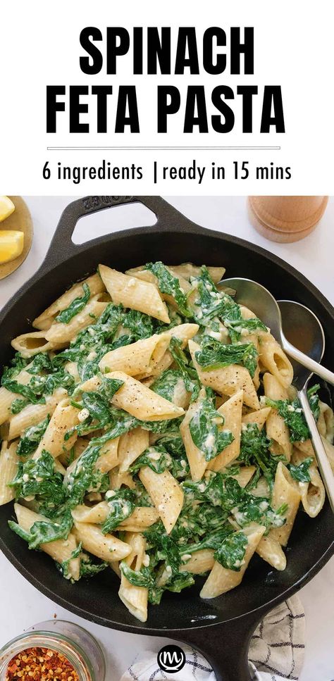 You’ll love this scrumptious spinach feta pasta that is a breeze to whip in a skillet. It’s a weeknight dream that comes together in 15 minutes with just 6 ingredients! #spinacrecipes #quickpastarecipes #easydinnerideas #pastarecipes Pasta Side Dishes Easy, Spinach Pasta Sauce, Feta Pasta Salad, Quick Pasta Recipes, Feta Chicken, Pasta Side Dishes, Spinach Feta, Feta Recipes, Vegan Pasta Recipes