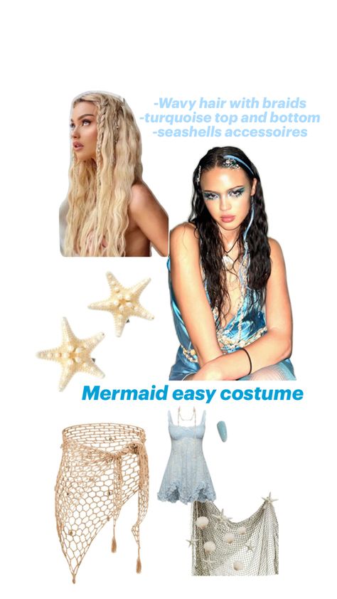 Easy to do costume mermaid for last minute costume Mermaid Costume Women Diy, Costume Women Diy, Mermaid Costume Women, Wavy Hair With Braid, Last Minute Costume, Easy Costume, Diy Costumes Women, Turquoise Top, Last Minute Costumes