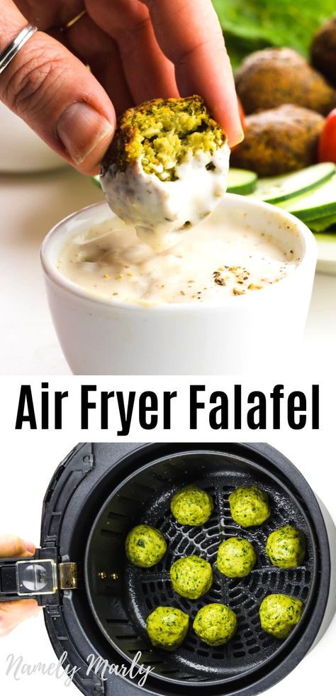 This crispy Air Fryer Falafel recipe creates healthy falafel that’s lower in fat and perfect for a plant-based Mediterranean diet! It’s easy to make air fried falafel and this post will show you how. See post tips for making vegan gluten free falafel.  #namelymarly #airfryer #airfryerrecipes #falafel #veganfalafel #airfryerfalafel #veganmediterranean #plantbased Air Fried Falafel, Air Fryer Falafel Recipe, Healthy Falafel, Air Fryer Falafel, Gluten Free Falafel, Falafel Vegan, Dinners Easy, Falafel Recipe, Falafels