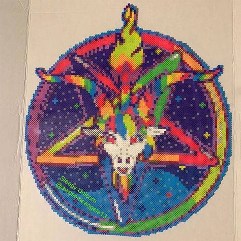 Angela DeShazer on Instagram: “Lisa Frank style Baphomet perler bead. Gift for a friend. I loved her reaction!! Original art by @creepygirlclub #sleepyunicornpixelart…” Mothman Perler Bead, Lisa Frank Cross Stitch, Lisa Frank Perler Bead Patterns, Lisa Frank Perler, Unicorn Pixel Art, Peeler Bead Ideas, Best 90s Cartoons, Hama Disney, Creepy Girl