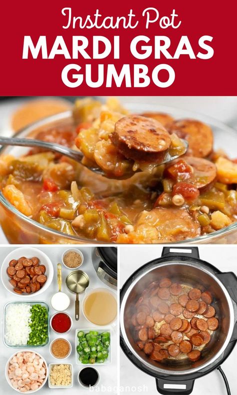 Mardi Gras Instant Pot Gumbo. Instant Pot Gumbo Recipe, Instant Pot Gumbo, Shrimp Gumbo Recipe, Gumbo Ingredients, Shrimp And Sausage Gumbo, Cajun Gumbo, Cajun Sausage, New Orleans Recipes, Sausage Gumbo