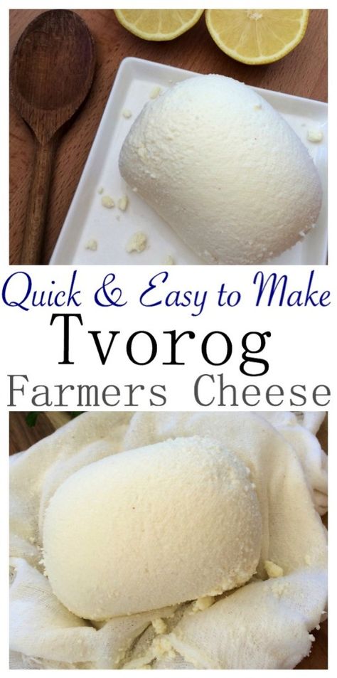 This Farmers Cheese recipe is such a time saver using lemon juice or vinegar. Also known as Tvorog, Quark, White Cheese, Gvina Levana. Easy Tvorog or Farmers Cheese (творог) Homemade Farmers Cheese, Farmers Cheese Recipes, Cheese Recipes Homemade, Cheese Making Recipes, Diy Cheese, Diy Easy Recipes, Farmers Cheese, White Cheese, Butter Cheese