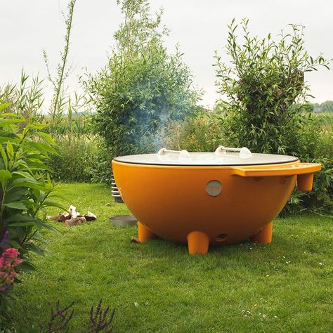 Dutch Tub fantastical bath is heated by a wood fired device attached to the side of the tub. Outdoor Wood Burner, Outdoor Tub, Fire Basket, Outdoor Bath, Steel Planters, Wood Fired Pizza, Back Gardens, Outdoor Fire Pit, Clawfoot Bathtub