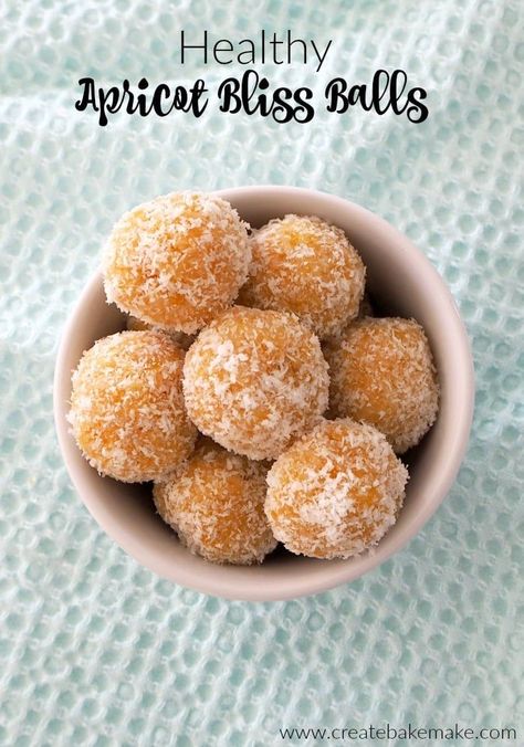 Apricot Bliss Balls Recipe - an easy snack for the kids and whole family! These are freezer friendly and both regular and thermomix instructions included. #snacks #blissballs #kidsfood #apricotrecipes #thermomix #thermomixrecipes #createbakemake Apricot Bliss Balls, Apricot Balls, Apricot Recipes, Almond Meal, Protein Balls, Bliss Balls, 4 Ingredient, Energy Bites, Energy Balls