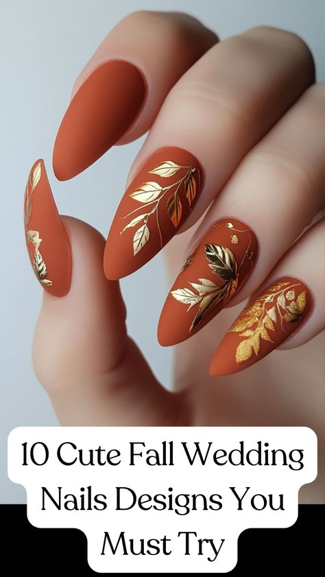 Burnt orange wedding nails with a matte finish, accented with gold foil and delicate leaf designs for an elegant fall-inspired look. Fall Orange Nails, Burnt Orange Nail Polish, Fall Wedding Nail Designs, Burnt Orange Nails, Leaf Nails, Fall Wedding Nails, Wedding Nails Ideas, Wedding Nail Designs, Nails With Gold