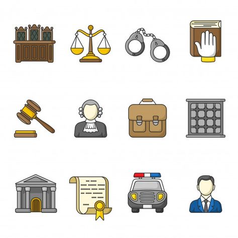 Conjunto de iconos de derecho y justicia... | Premium Vector #Freepik #vector #coche #libro #colorido #ley Law Logo Justice, Judicial System, Icons Colorful, Law School Prep, Police Stickers, Moldes Para Baby Shower, Law Icon, Law Firm Logo, Law Logo