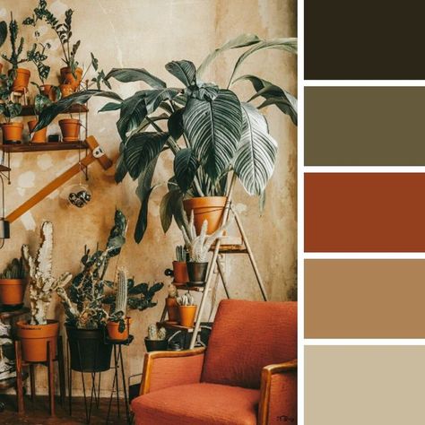 Natural and rustic colors that bring your boho color scheme up to style. This burnt orange chair, natural wall and these dark green plants are perfect boho colors for any room. #boho #decor #colorschemes #colors Sage Green Room Accents, Gold Color Scheme Bedroom, Rust Rug Bedroom, Boho Color Scheme Living Rooms, Plant Room Color Scheme, Jungle Boho Living Room, Colors Aesthetic Palette, Apartment Color Palette Living Room, Colorful Sectional Sofa