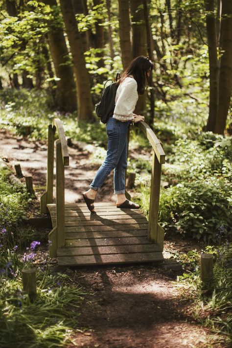 Female stood on bridge in woodland Woodland Walk Aesthetic, Walk In The Woods Aesthetic, Yoga Shoot, Countryside Living, Magical Woodland, Woodland Cottage, Woodland Walk, Fairycore Cottage, Cottage Aesthetic