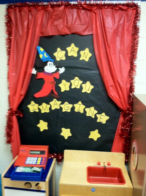 The Young Fives teacher was hoping for an attractive board for dramatic play area and Magician Mickey with stars came to mind. The kids loved it! Created by the Bulletin Board Queen Magician Bulletin Board Ideas, Magic Bulletin Board, Teacher Appreciation Magic Theme, The Magical Yet Bulletin Board, Magic Show Birthday Party Invitations, Magic Decorations, Writing Paper Template, Dramatic Play Area, Mickey Mouse Theme