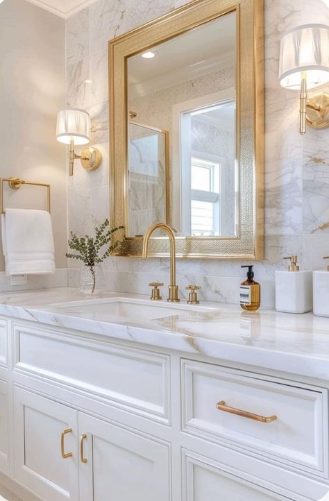 Gold And White Bathroom Decor Ideas, Gold Accent Bathroom, White And Gold Bathroom Ideas, Gold And White Bathroom, Bathroom With Gold Accents, Renovating House, White And Gold Bathroom, Circular Mirrors, Bathroom Gold