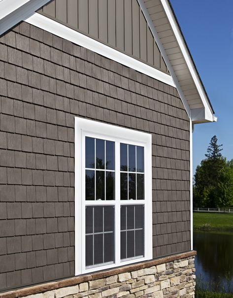 Painted Brick And Vinyl Siding House Exterior, Clapboard And Shingle Siding, Bottom Brick Top Siding, Board And Batten Cedar Shake, House With Shingles And Siding, Shakes On House Exterior, Board And Batten With Cedar Shakes, Veneer Siding Exterior, Cedar Shingles With Board And Batten