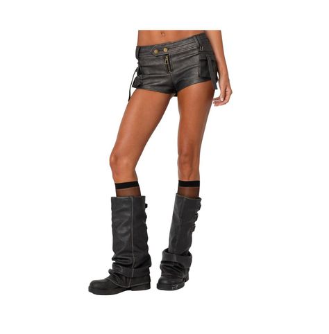 in stock Lady Biker Outfits, Leather Shorts Outfit, Emo Fits, Micro Shorts, Biker Outfit, Rock Outfits, Red Rocks, Shorts Outfit, Mini Short