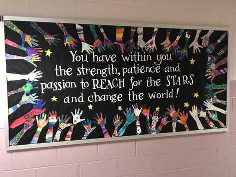 Big Bulletin Board Ideas Classroom, Inspiration Bulletin Board Ideas, Big Bulletin Board Ideas, Reach For The Stars Bulletin Board, 6th Grade Bulletin Board Ideas, New Years Bulletin Board Ideas, Classroom Decoration Ideas, Counseling Bulletin Boards, Inspirational Bulletin Boards