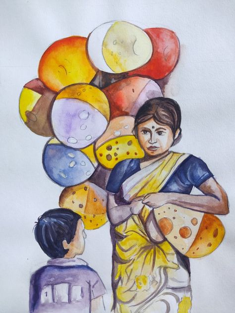 Balloon seller painting with watercolor Balloon Seller Painting, Figurative Composition Drawing, Figure Composition Watercolor, Balloon Seller Drawing, Easy Composition Painting, Painting Easy Watercolor, Watercolor Figure Painting, Figurative Watercolor, Figurative Composition