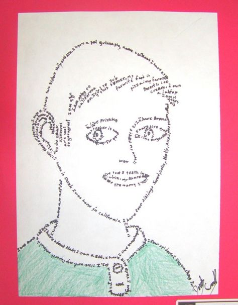 Digication e-Portfolio :: W. Scott Russell :: 5th grade - micrography (microcalligraphy) self portrait Art Ks2, Word Portrait, Draw Outline, Transition Ideas, Teaching Poetry, Teacher's Pet, Poetry Ideas, 5th Grade Art, School Displays