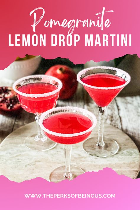 We love a pomegranate lemon drop martini! It's bright and sweet, with just the right amount of tartness from the lemon. This recipe is perfect for entertaining, since it's easy to make in batches, ensuring you have plenty for all your party guests. Plus, it looks just as beautiful as it tastes! Lemon Pomegranate Martini, Thanksgiving Lemon Drop, Lemoncello Pomegranate Spritz, Holiday Lemon Drop, Pomegranate Lemon Drop Martini, Holiday Lemon Drop Martini, Christmas Lemon Drop Martini, Christmas Lemon Drop, Pomegranate Cocktails