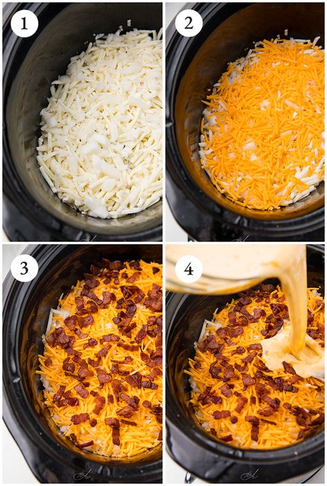 This breakfast casserole is made in the Crockpot or slow cooker and is super versatile, making it perfect for entertaining, the holidays, or Christmas morning. With hashbrowns, eggs, onions, cheese, and your protein of choice (with vegetarian options!), it's loaded with flavor and is so easy and quick to make. #crockpot #slowcooker #breakfast #christmas Crock Pot Hashbrown Casserole Breakfast, Christmas Office Breakfast Ideas, Christmas Brunch Crockpot Recipes, Hashbrown Breakfast Casserole Crockpot, Crockpot Tater Tot Breakfast Casserole, Christmas Morning Breakfast Casserole Crockpot, Bacon Breakfast Casserole Crockpot, Crockpot Egg Bake With Hashbrowns, Slow Cooker Hashbrown Breakfast