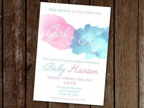 Soft pink and blue watercolor designs adorn this sweet gender reveal party invitation DIGITAL FILE ONLY - No physical prints will be sent unless you would like to order prints as well, which can be done here: https://www.etsy.com/listing/613399586/ Not an editable file! I do all Watercolor Gender Reveal, Pink And Blue Gender Reveal, Mickey Mouse Clubhouse Invitations, Gender Surprise, Printable Gender Reveal, Themed Gender Reveal, Blue Gender Reveal, Flamingo Invitation, Tropical Invitations