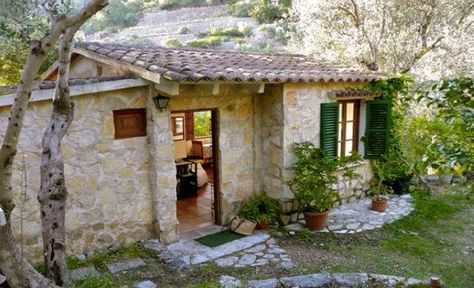 Small Stone Cottage, Small Stone House, Port De Soller, Earth Sheltered Homes, Old Victorian Homes, Italy House, Casa Exterior, Yellow Houses, Earth Homes