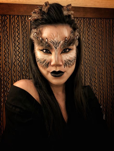 Eagle Makeup Halloween, Owl Halloween Makeup, Owl Eye Makeup, Bird Halloween Makeup, Owl Costume Diy Women, Owl Makeup Halloween, Owl Costume Women's, Racoon Makeup, Eagle Makeup