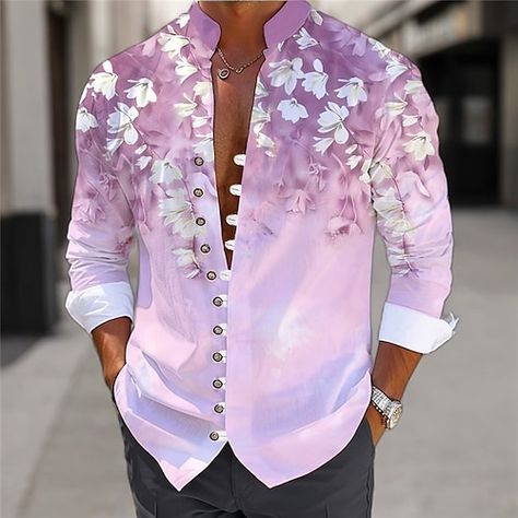 Floral Menswear, Mens Printed Shirts, Shirt Linen, Bleu Violet, Fashion Suits For Men, Standing Collar, Casual Sporty, Well Dressed Men, Fashion Streetwear