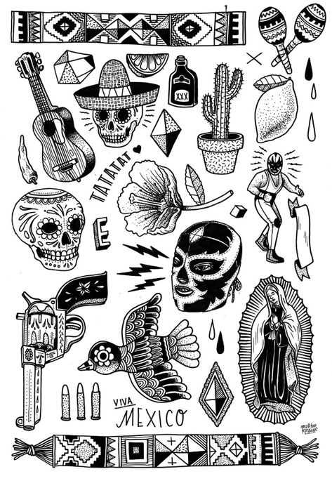 Traditional Tattoo Black And Grey, Flash Art Tattoos, Traditional Tattoo Flash Sheets, Simple Bird Tattoo, Mexico Tattoo, Mermaid Tattoo Designs, Mexican Tattoo, Mexican Art Tattoos, Kunst Tattoos