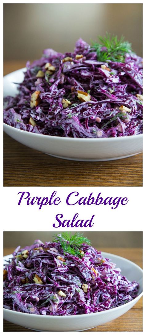 Crunchy purple cabbage and chopped pecans tossed in a creamy garlicky dressing. Purple Party Foods, Purple Cabbage Salad, Purple Cabbage Recipes, Salad Making, Red Cabbage Recipes, Red Cabbage Salad, Red Cabbage Slaw, Apple Recipe, Purple Food